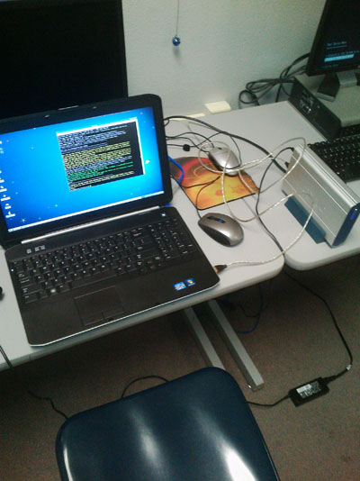 The Clonezilla Mobile Workstation. Laptop, Portable HDD, and a Ethernet cable directly into the IDF cabinet.